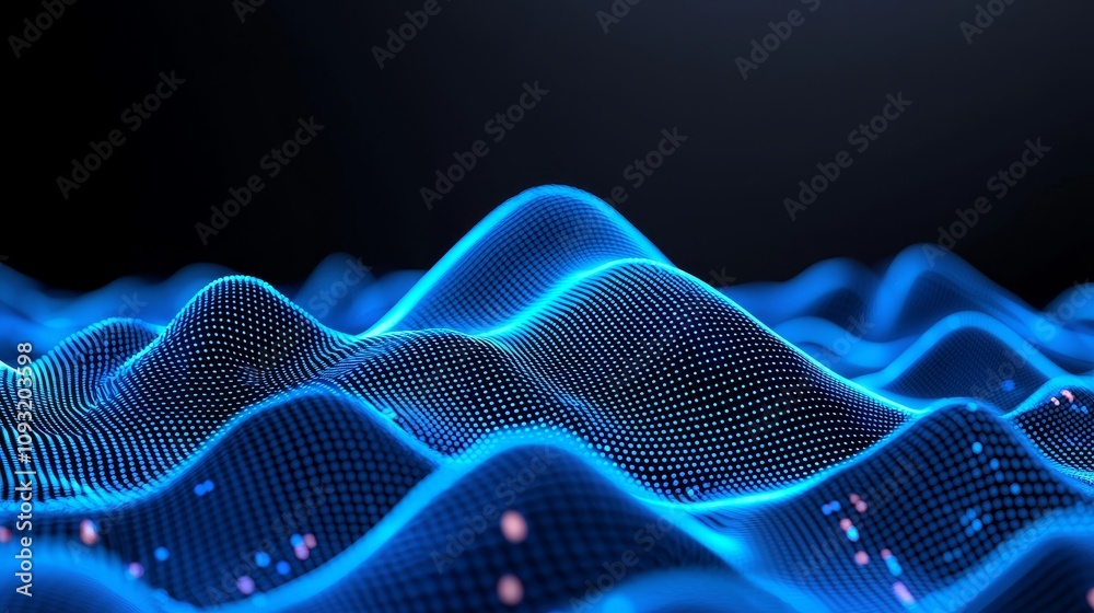 Poster abstract background with blue digital particles wave flow, digital cyberspace