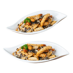 A plate of delicious pasta topped with herbs and a creamy sauce, presented in a stylish white dish.