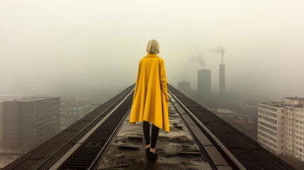 A solitary figure in a bold yellow cape walks on elevated industrial tracks amidst a hazy, smog-filled urban skyline, evoking resilience and bold minimalism.
