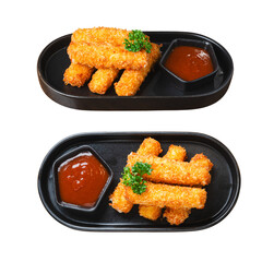 Crispy, breaded sticks served with dipping sauce and garnished with parsley on a sleek black platter.