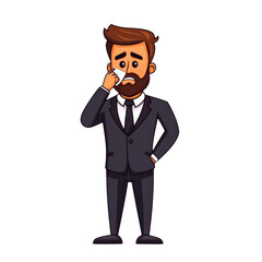 cartoon man in suit looks worried while wiping sweat from his face, conveying sense of stress or anxiety