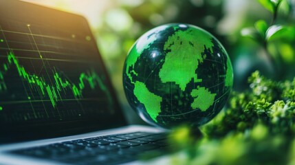 Green translucent globe amidst financial data