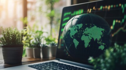 A globe on laptop with digital data background green
