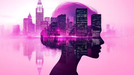 Serene Double Exposure of Urban Silhouette Merging with Cityscape at Dusk, Capturing the Essence of Modern Life and Creativity in Pink Hues