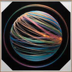 A floating sphere of glowing, multi-colored light threads weaving in and out in rhythmic harmony.