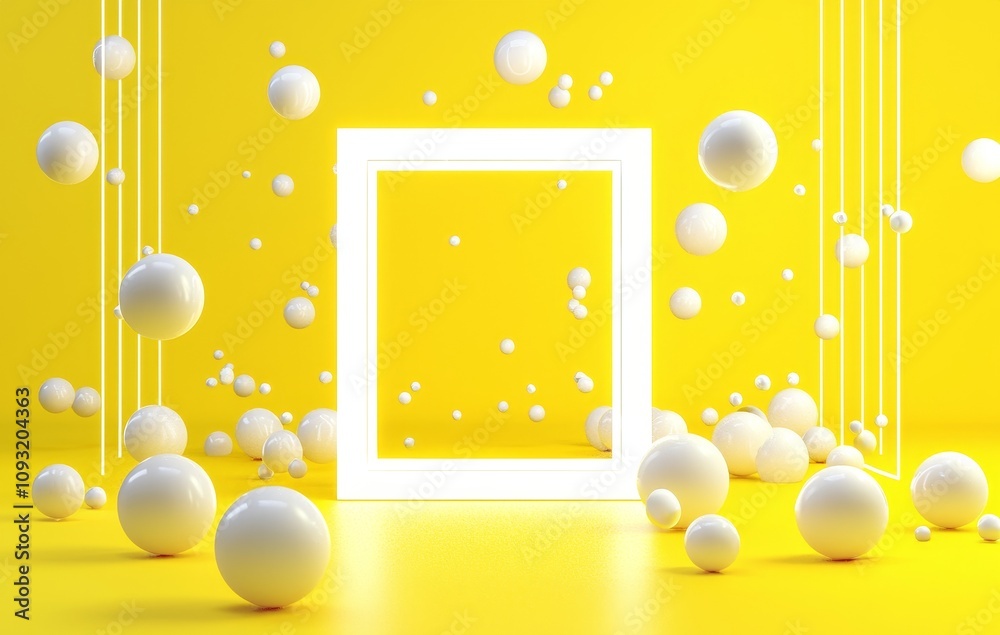 Poster A light mock up square with yellow balls flying around is displayed on the abstract summer background 3D rendering