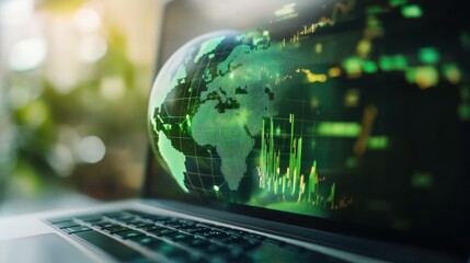 Laptop with earth graphic and financial statistics