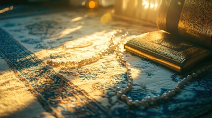 Quran and Prayer Beads on Elegant Background