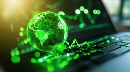 Green holographic globe on laptop with stock trends