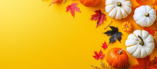 Decorative pumpkins with corn and dry leaves on yellow autumn background 3D rendering, 3D illustration