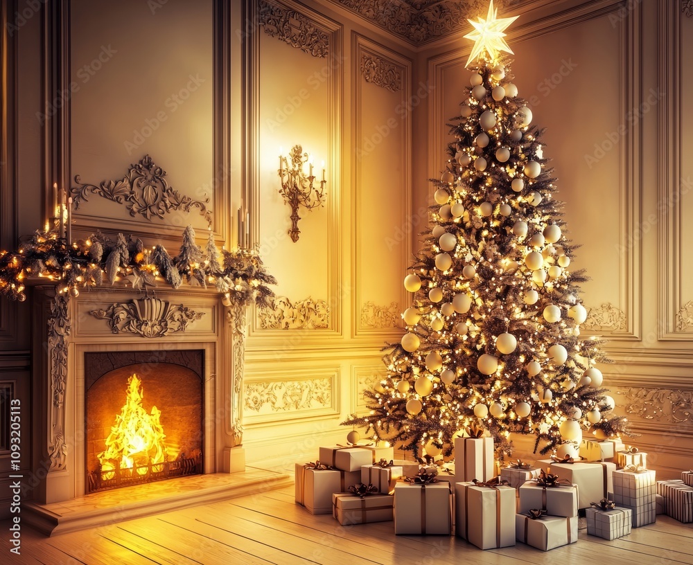 Poster rendering of a christmas tree inside a home with presents 3d illustration