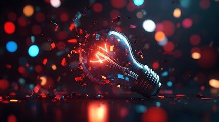 explosion of a traditional tungsten light bulb. black background, colored lights. concept of fragility, crisis and obsolete energy. colorful electric light bulb exploding on black