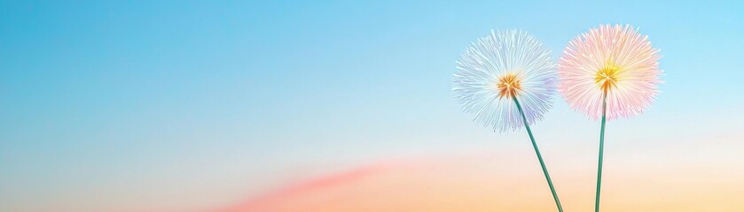 Obraz premium Two delicate dandelions stand against a serene pastel sky, capturing the essence of nature's beauty and tranquility.