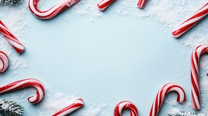 Candy cane border with a snowy background, large clean space in the middle for text, Whimsical, Cartoon stylecloses up