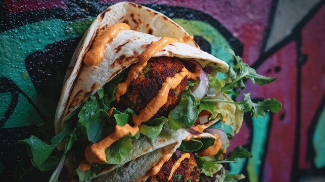 Delicious vegan wraps urban street food market food photography colorful graffiti backdrop close-up view culinary delight