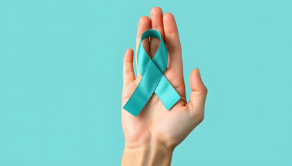 Teal ribbon on helping hand support for raising awareness on Ovarian Cancer illness in women's health isolated with white highlights, png