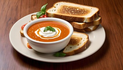 Comforting Bowl of Tomato Soup with Grilled Cheese and Basil
