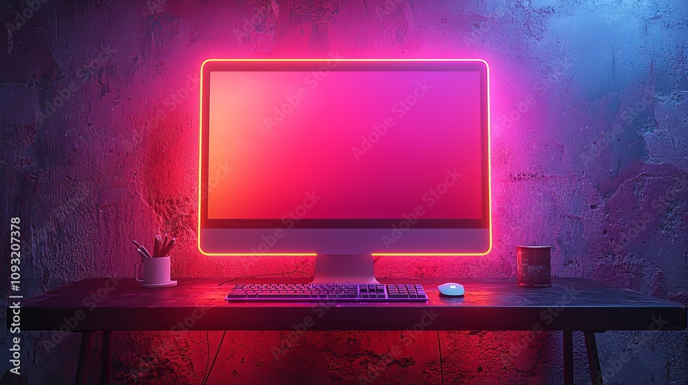 Leinwandbilder The design of the desktop computer in the game room includes blue purple lights on the background and curtain, a modern PC computer with a white screen and a gaming keyboard. It is a 3-D rendering