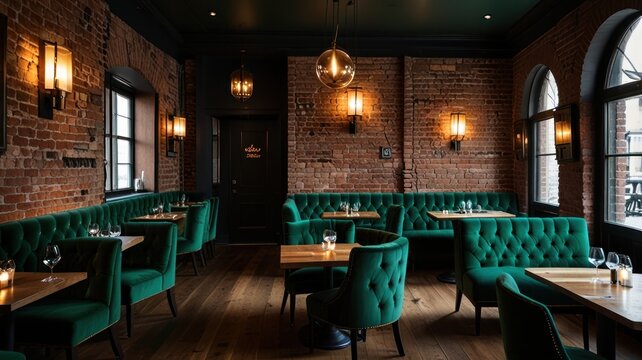 Here's a description and keywords for your stock photo.. Elegant restaurant interior with emerald green velvet banquettes, exposed brick walls, and warm lighting.