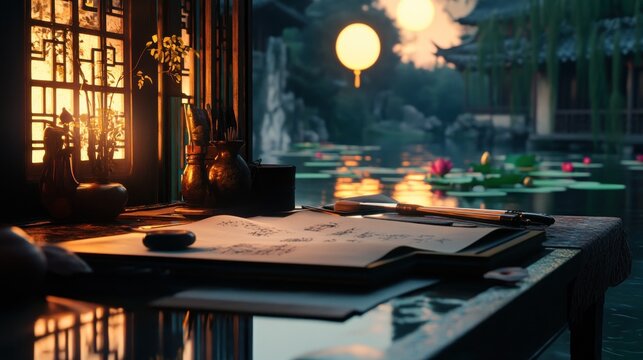Artistic evening workspace with lotus pond scene