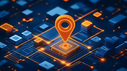 3D Illustration Location Pin on Circuit Board Technology