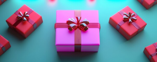 Flat lay of Christmas gifts wrapped in holographic paper, with glowing neon lights, futuristic holiday feel, Cyberpunk, Digital art