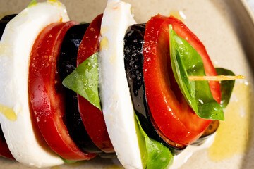 Italian style food. Tomato, mozzarella, eggplant, basil.