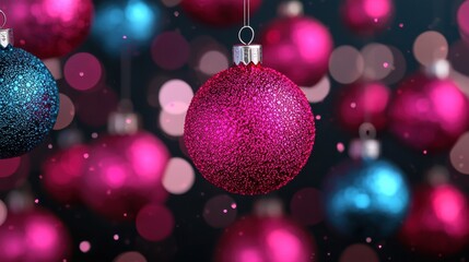 Obraz premium Abstract holographic Christmas ornaments floating in a dark, iridescent background, glowing softly, Futuristic, Digital artcloses up