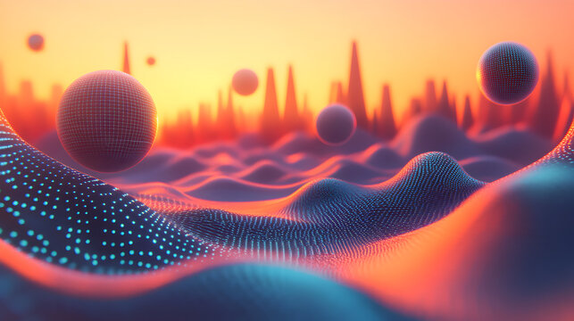 Quantum Landscape: 3D Rendering of Entangled Particles and Wavy Terrain