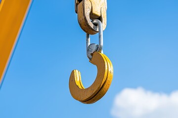 Fototapeta premium A close-up view of a yellow crane hook against a blue sky, showcasing the hook