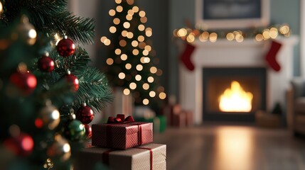 A cozy Christmas living room with a decorated tree, red and green ornaments, glowing fireplace, and gifts wrapped in festive paper, Warm lighting, Realism, Photographycloses up