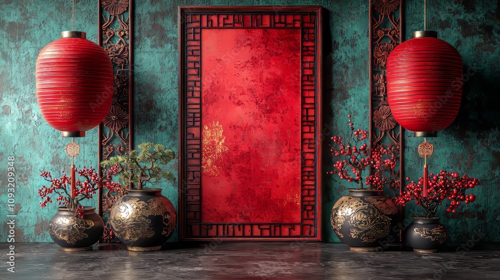 Aufkleber Lunar New Year Background with 3D Pattern and Square Frame. Red Asian Design Template with Copy Space.