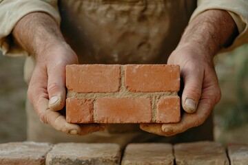 A person holds a brick in both hands, showcasing the texture and color, with more bricks visible in the background.