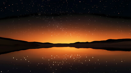 A serene desert oasis with a still lake reflecting the golden sunset and a sky studded with twinkling stars. Twinkling Desert Sky. Illustration