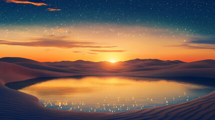 A serene desert oasis with a still lake reflecting the golden sunset and a sky studded with twinkling stars. Twinkling Desert Sky. Illustration