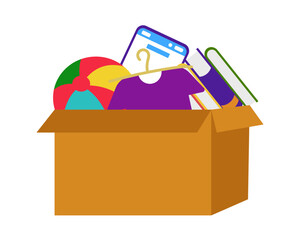 Box with things, clothes, toys. Garage sale, junk. Vector simple color flat illustration.