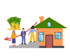 Decreasing housing costs. Price of the house going down for the buyers. Vector simple color flat illustration.