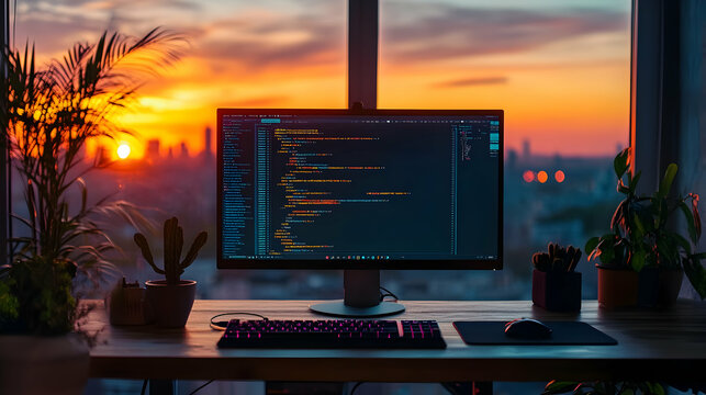 Photo - Coding at Sunset Desk Setup Workspace Computer Programming