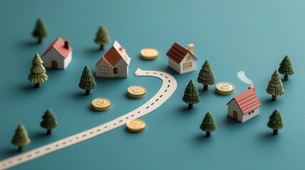 Artistic depiction of a roadmap with milestones marked by gold coins and houses, Wealth Roadmap, Goal Setting