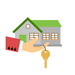 Hand with house and key. Vector simple color flat illustration.