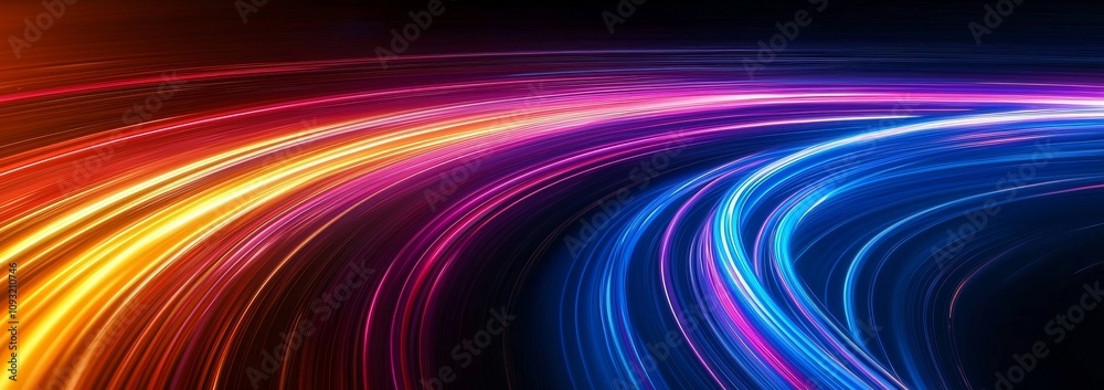Poster abstract panorama of curvy dynamic neon lines glowing in the dark with floor reflection. virtual flu