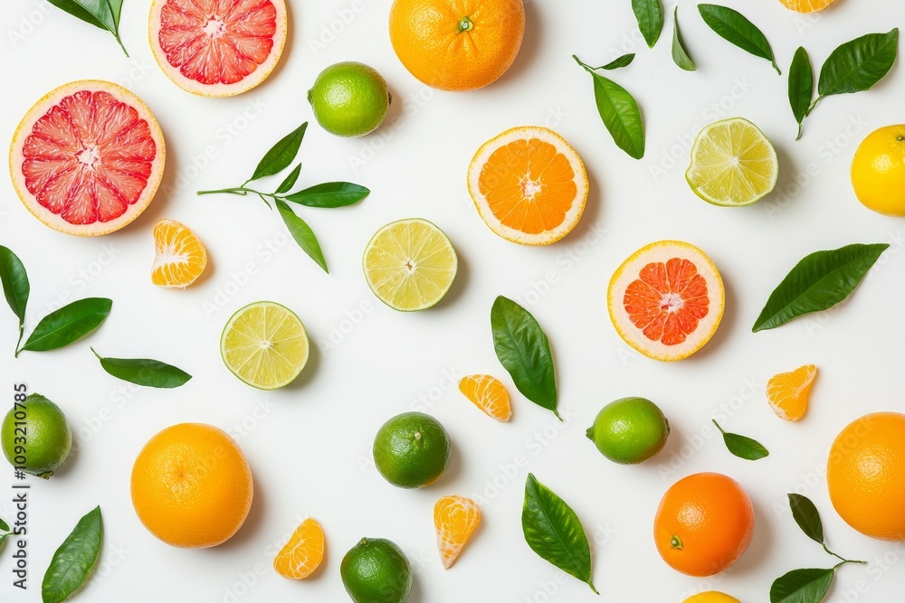 Aufkleber half slice of orange and lemon lime floating in air with green leaves on background. fresh organic f