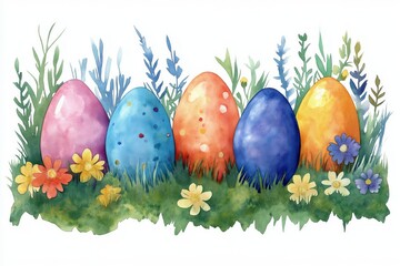 A vibrant watercolor illustration of colorful Easter eggs nestled in green grass with wildflowers and leaves, creating a cheerful spring scene with a white background