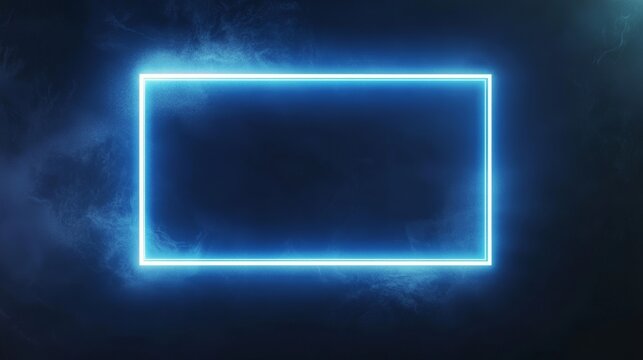 For web presentations, thumbnails, banners, 16x9 work projects, png isolated on transparent background with blue neon rectangle frame, light sign box, outline border with space for text.