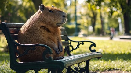 a capybara sits on a bench in a park