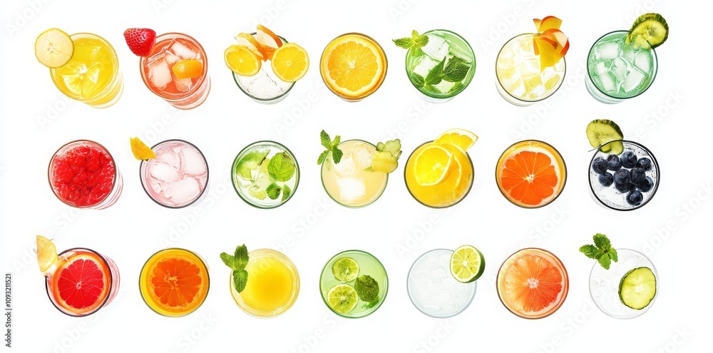 Aufkleber top view of a collection of glasses with a colorful drinks menu isolated on a white background, a mo