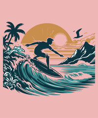 Surfer man riding on the blue ocean
