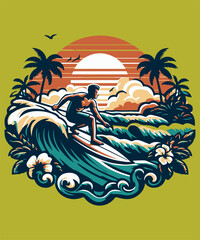 Surfer man riding on the blue ocean
