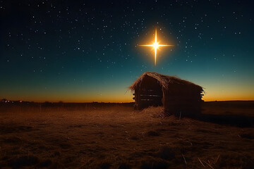 Fototapeta premium An empty manger and a bright star at sky, as a concept of nativity scene