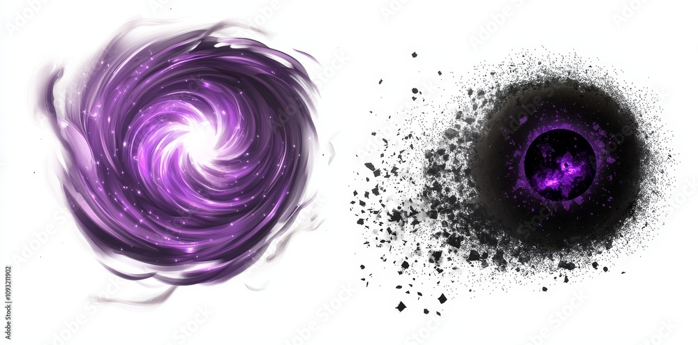 Leinwandbilder A swirling particle effect layer overlays an isolated black and transparent background with an abstract purple particle effect